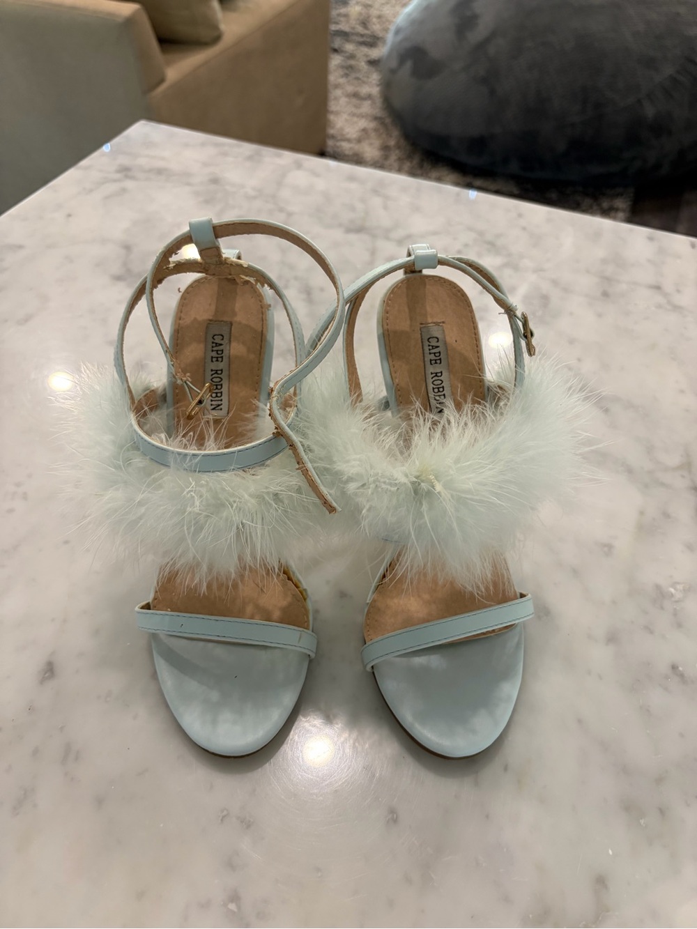 Cape Robbin Pale Blue Marabou Strap Heels